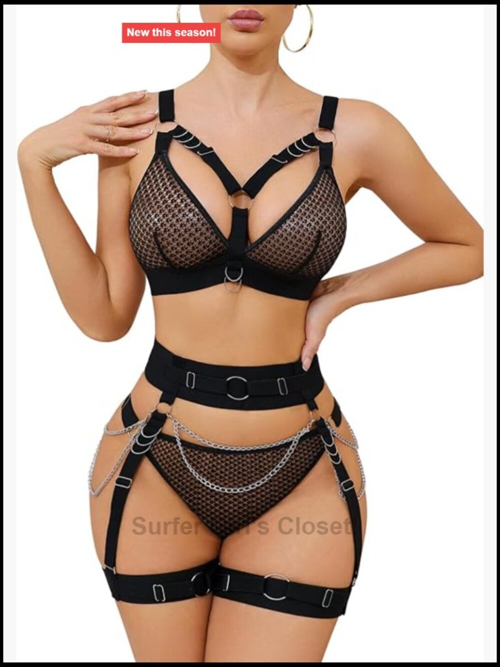 Sexy Lingerie Set 3 Piece Bra Panty Garter Strappy Plus Size Exotic Chain Rave
